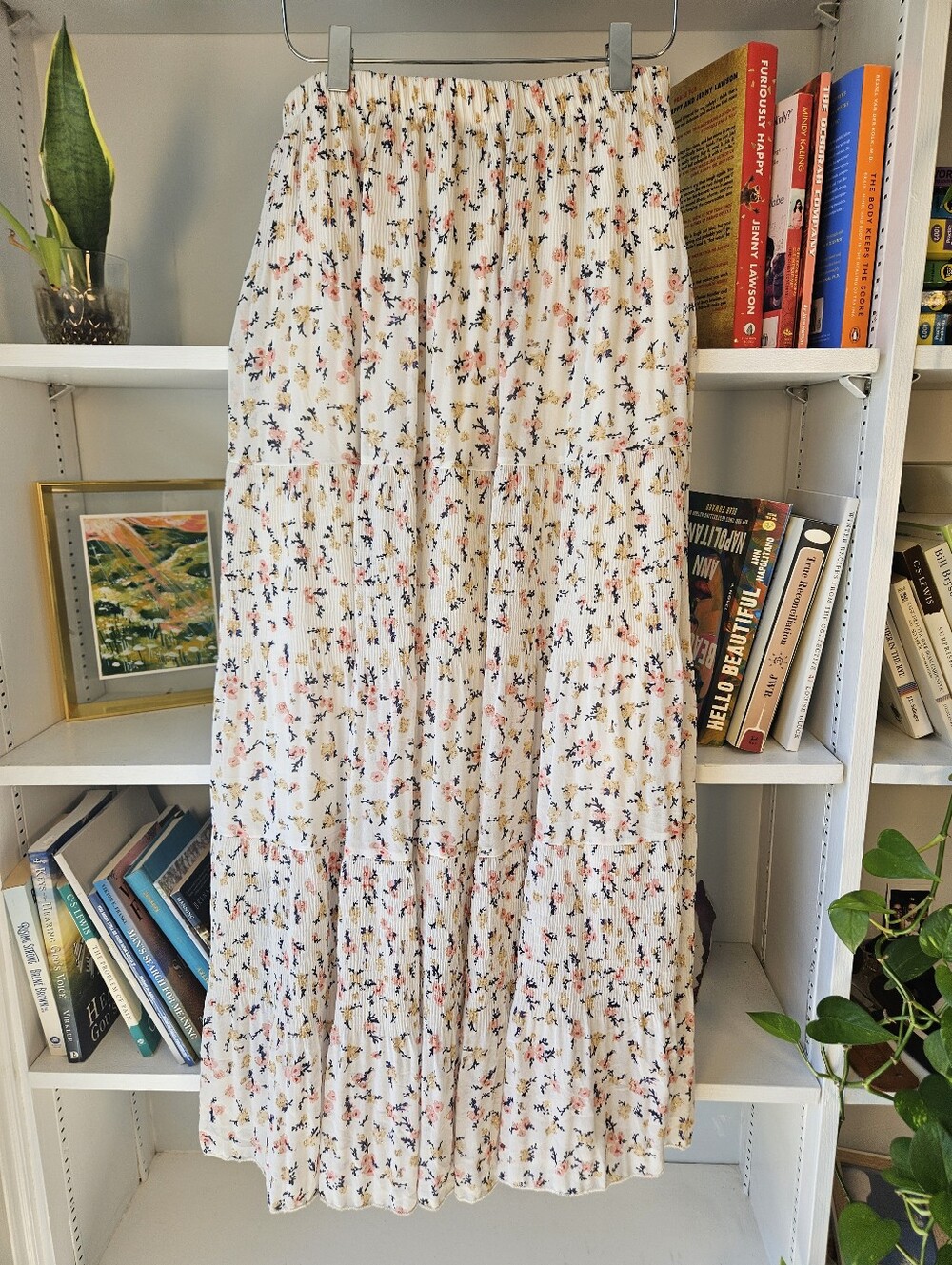 Tiered Maxi Skirt Cotton Floral Pink White Gold Size Medium Boho Feminine Fairy